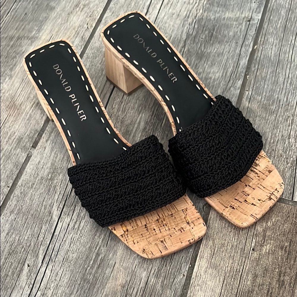 Donald J. Pliner Black Woven Strap Cork Block Heel Mules